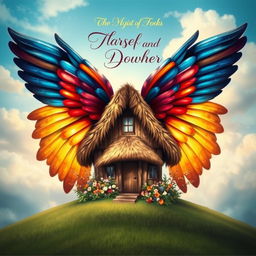 A captivating book cover design featuring an enormous, vibrant pair of wings enveloping a cozy house