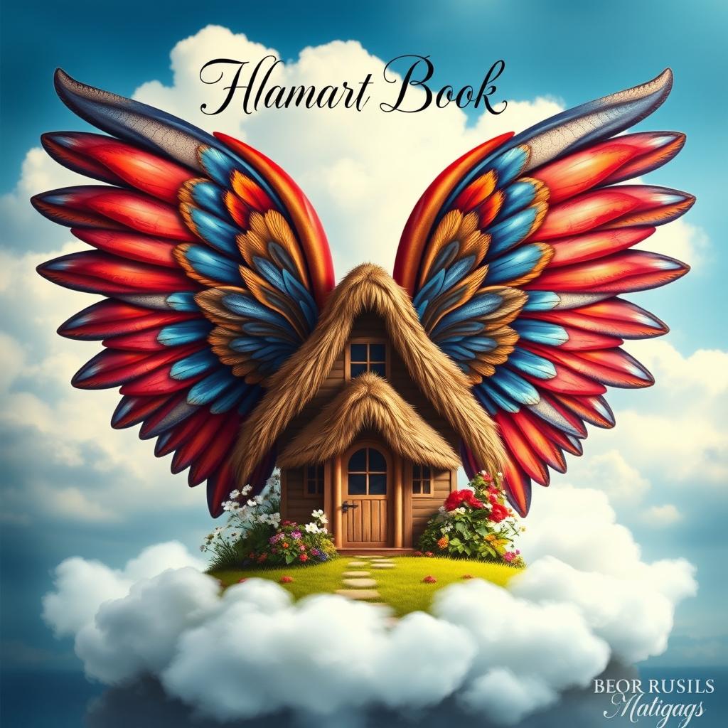 A captivating book cover design featuring an enormous, vibrant pair of wings enveloping a cozy house