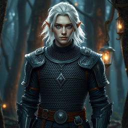 A male elf cleric with light gray skin, striking white hair, and bright blue eyes, dressed in intricate, shiny chainmail armor