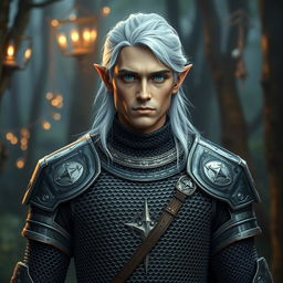 A male elf cleric with light gray skin, striking white hair, and bright blue eyes, dressed in intricate, shiny chainmail armor