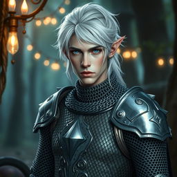 A male elf cleric with light gray skin, striking white hair, and bright blue eyes, dressed in intricate, shiny chainmail armor