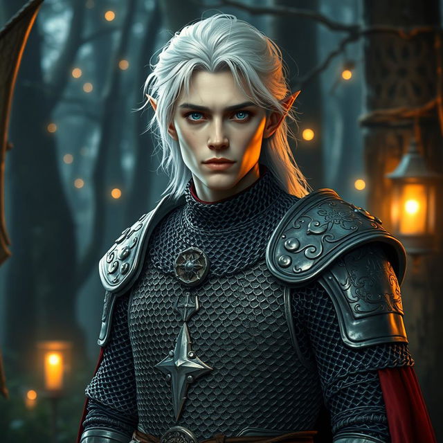 A male elf cleric with light gray skin, striking white hair, and bright blue eyes, dressed in intricate, shiny chainmail armor