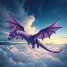 A majestic purple dragon soaring gracefully through the clouds, with shimmering scales that reflect hues of violet and lavender