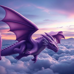 A majestic purple dragon soaring gracefully through the clouds, with shimmering scales that reflect hues of violet and lavender