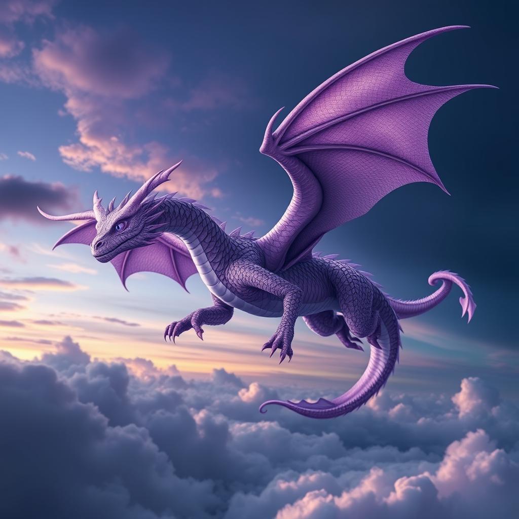 A majestic purple dragon soaring gracefully through the clouds, with shimmering scales that reflect hues of violet and lavender