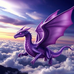 A majestic purple dragon soaring gracefully through the clouds, with shimmering scales that reflect hues of violet and lavender