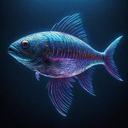 A futuristic cyber fish, with gleaming metal scales, radiant neon hues, and intricate patterns representing its circuitry, swimming in deep digital waters.