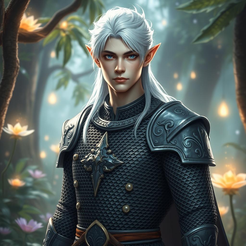 A male elf cleric with light gray skin, brilliant white hair, and captivating blue eyes, clad in finely crafted chainmail armor