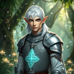 A male elf cleric with light gray skin, brilliant white hair, and captivating blue eyes, clad in finely crafted chainmail armor