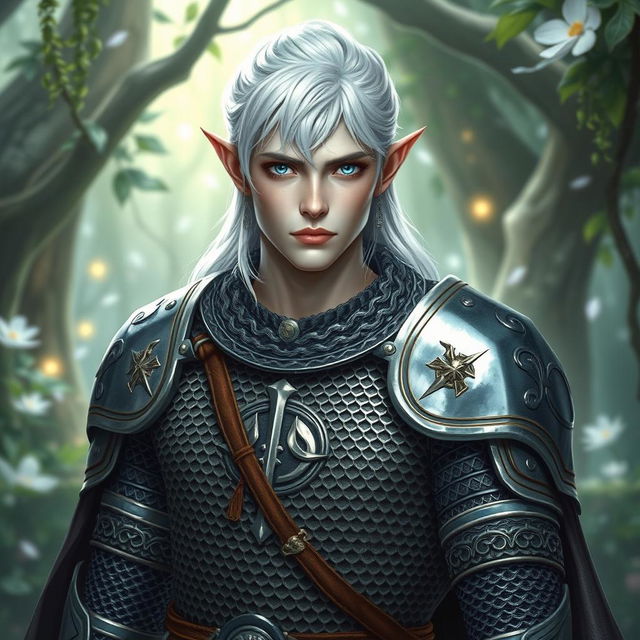 A male elf cleric with light gray skin, brilliant white hair, and captivating blue eyes, clad in finely crafted chainmail armor