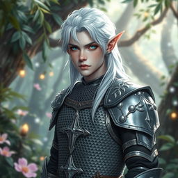 A male elf cleric with light gray skin, brilliant white hair, and captivating blue eyes, clad in finely crafted chainmail armor