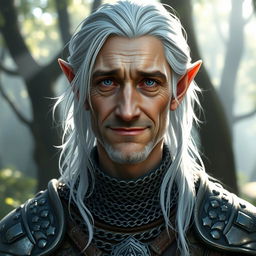 A middle-aged male elf cleric with light gray skin, flowing white hair, and deep blue eyes that convey both warmth and sadness