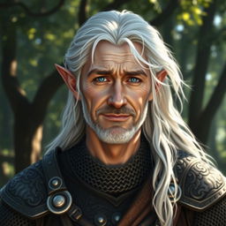 A middle-aged male elf cleric with light gray skin, flowing white hair, and deep blue eyes that convey both warmth and sadness