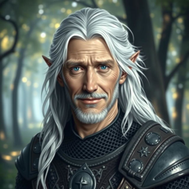 A middle-aged male elf cleric with light gray skin, flowing white hair, and deep blue eyes that convey both warmth and sadness