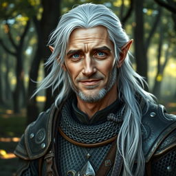 A middle-aged male elf cleric with light gray skin, flowing white hair, and deep blue eyes that convey both warmth and sadness