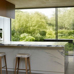 A well-lit modern kitchen with sleek kitchen appliances, a marble countertop, bar stools at the island, and a large window overlooking a garden.