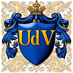 A coat of arms featuring the letters 'UdV' elegantly integrated and artistically designed