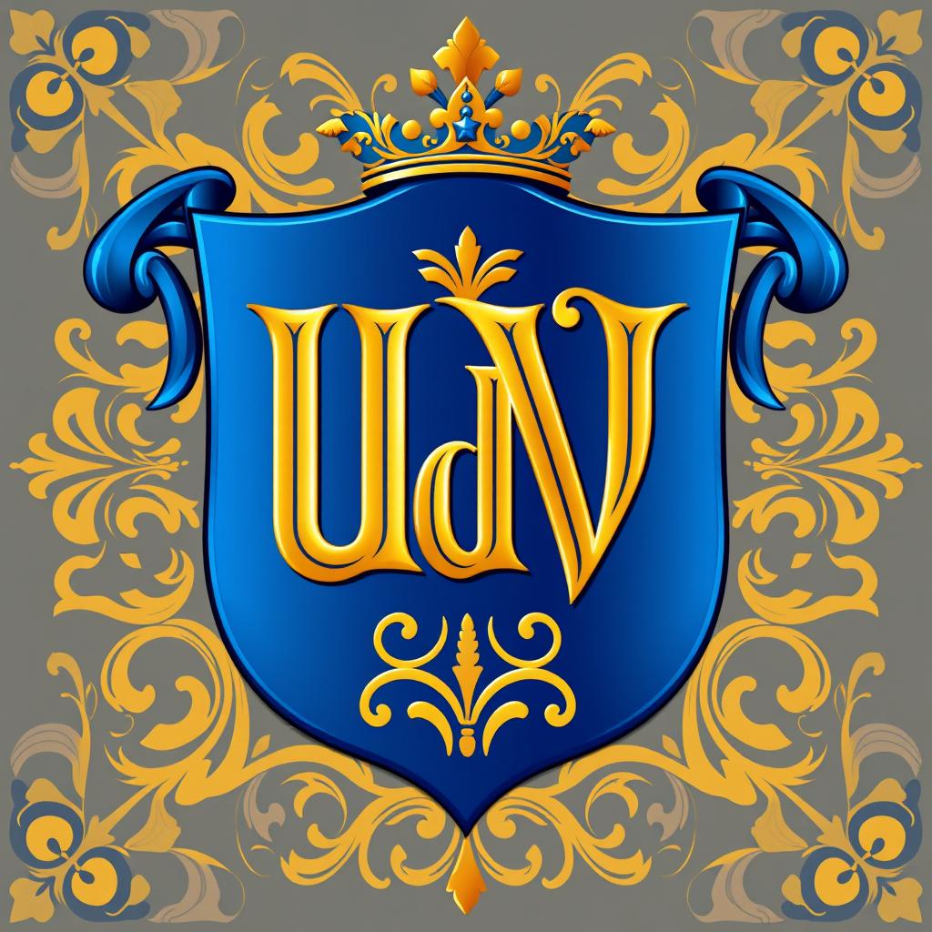 A coat of arms featuring the letters 'UdV' elegantly integrated and artistically designed