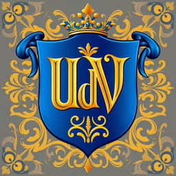 A coat of arms featuring the letters 'UdV' elegantly integrated and artistically designed