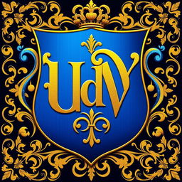 A coat of arms featuring the letters 'UdV' elegantly integrated and artistically designed