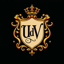 A realistic coat of arms featuring the letters 'UdV' elegantly designed in black and gold