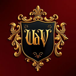 A realistic coat of arms featuring the letters 'UdV' elegantly designed in black and gold