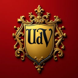 A realistic coat of arms featuring the letters 'UdV' elegantly designed in black and gold