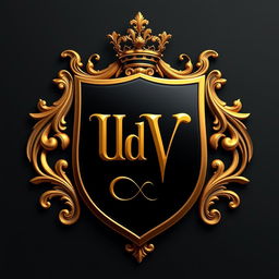 A realistic coat of arms featuring the letters 'UdV' elegantly designed in black and gold