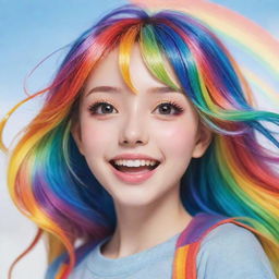 A lively anime-style girl, her bright, cheerful features cascading with all the vibrant hues of a rainbow, radiating a feeling of joy and positivity.