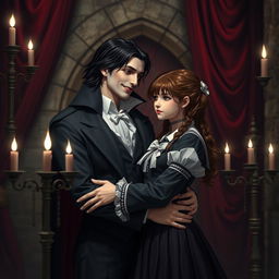 A beautiful vampire in vintage clothing with black hair, gently embracing a girl with brown hair dressed in a school uniform