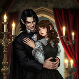 A beautiful vampire in vintage clothing with black hair, gently embracing a girl with brown hair dressed in a school uniform