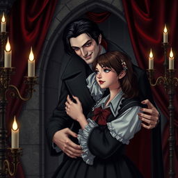 A beautiful vampire in vintage clothing with black hair, gently embracing a girl with brown hair dressed in a school uniform