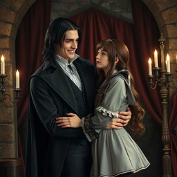 A beautiful vampire in vintage clothing with black hair, gently embracing a girl with brown hair dressed in a school uniform