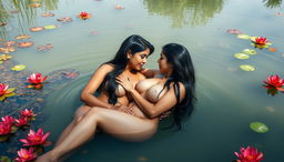 Two beautiful Indian ladies in their mid-30s, completely nude with long black hair, gigantic breasts, and slim waists, are positioned in the shallow waters of a tranquil wildlife pond