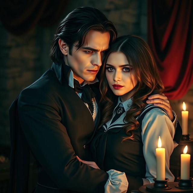 A handsome vampire in vintage clothing with black hair, looking serious as he embraces a woman with brown hair wearing a school uniform