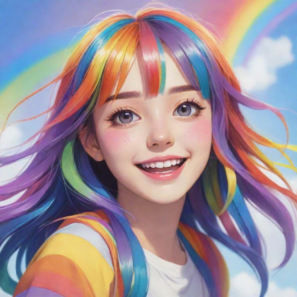 A lively anime-style girl, her bright, cheerful features cascading with all the vibrant hues of a rainbow, radiating a feeling of joy and positivity.