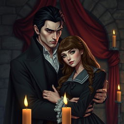 A handsome vampire in vintage clothing with black hair, looking serious as he embraces a woman with brown hair wearing a school uniform