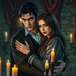 A handsome vampire in vintage clothing with black hair, looking serious as he embraces a woman with brown hair wearing a school uniform