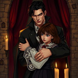 A handsome vampire in vintage clothing with black hair, looking serious as he embraces a woman with brown hair wearing a school uniform