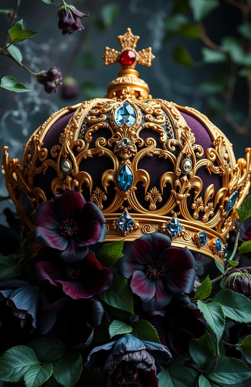 A regal crown adorned with intricate details, surrounded by lush vines and dark, mysterious flowers