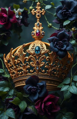 A regal crown adorned with intricate details, surrounded by lush vines and dark, mysterious flowers