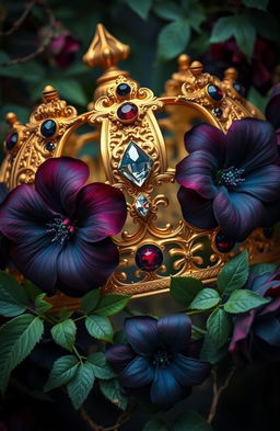 A regal crown adorned with intricate details, surrounded by lush vines and dark, mysterious flowers