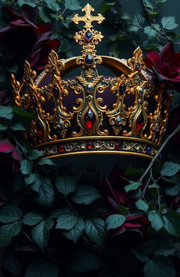 A regal crown adorned with intricate details, surrounded by lush vines and dark, mysterious flowers