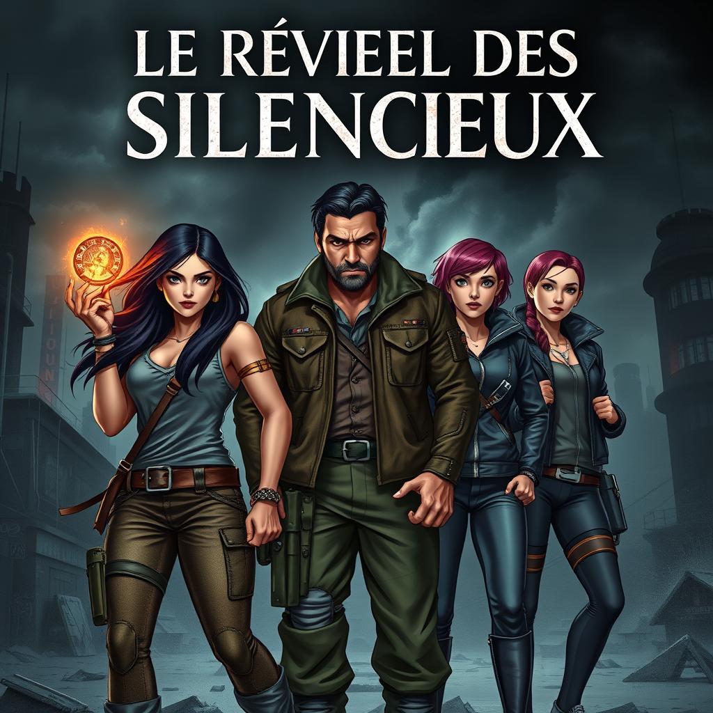 A captivating book cover for 'Le Réveil des Silencieux', showcasing the main characters in a dystopian setting