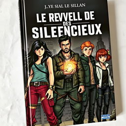 A captivating book cover for 'Le Réveil des Silencieux', showcasing the main characters in a dystopian setting