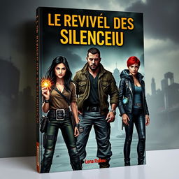 A captivating book cover for 'Le Réveil des Silencieux', showcasing the main characters in a dystopian setting