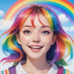 A lively anime-style girl, her bright, cheerful features cascading with all the vibrant hues of a rainbow, radiating a feeling of joy and positivity.