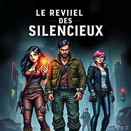 A captivating book cover for 'Le Réveil des Silencieux', showcasing the main characters in a dystopian setting