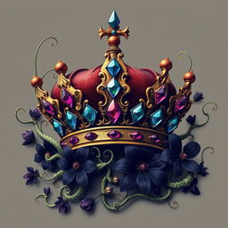 A stylized, non-realistic depiction of a regal crown, intricately designed with exaggerated features, surrounded by whimsical vines and dark, fantastical flowers