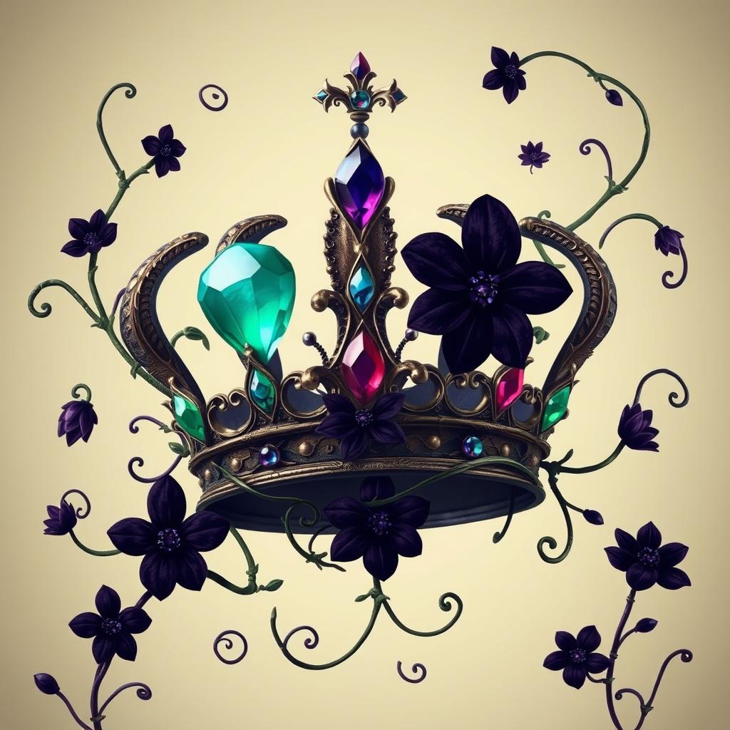 A stylized, non-realistic depiction of a regal crown, intricately designed with exaggerated features, surrounded by whimsical vines and dark, fantastical flowers